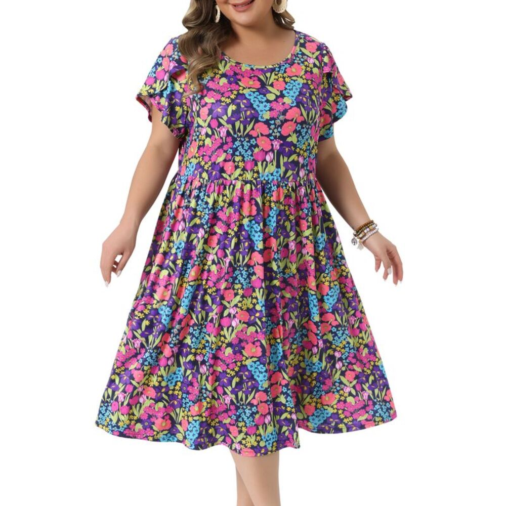 Women Plus Size Floral Tulip Sleeve Summer A Line Midi Dress Black Purple